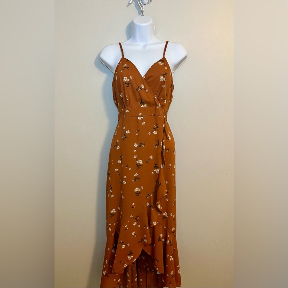 Orange floral spaghetti strap cross midi ruffle summer dress